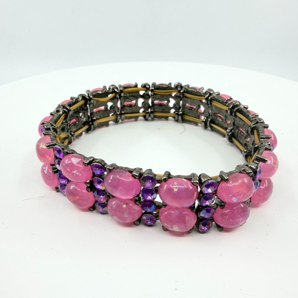 Vintage Y2K Pink Faux Opal Stretch Bracelet Purple Aurora Borealis Rhinestone